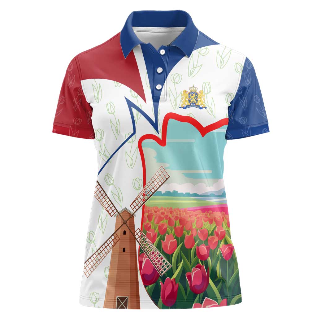 Netherlands Heritage Women Polo Shirt with Tulips Windmill and Coat of Arms