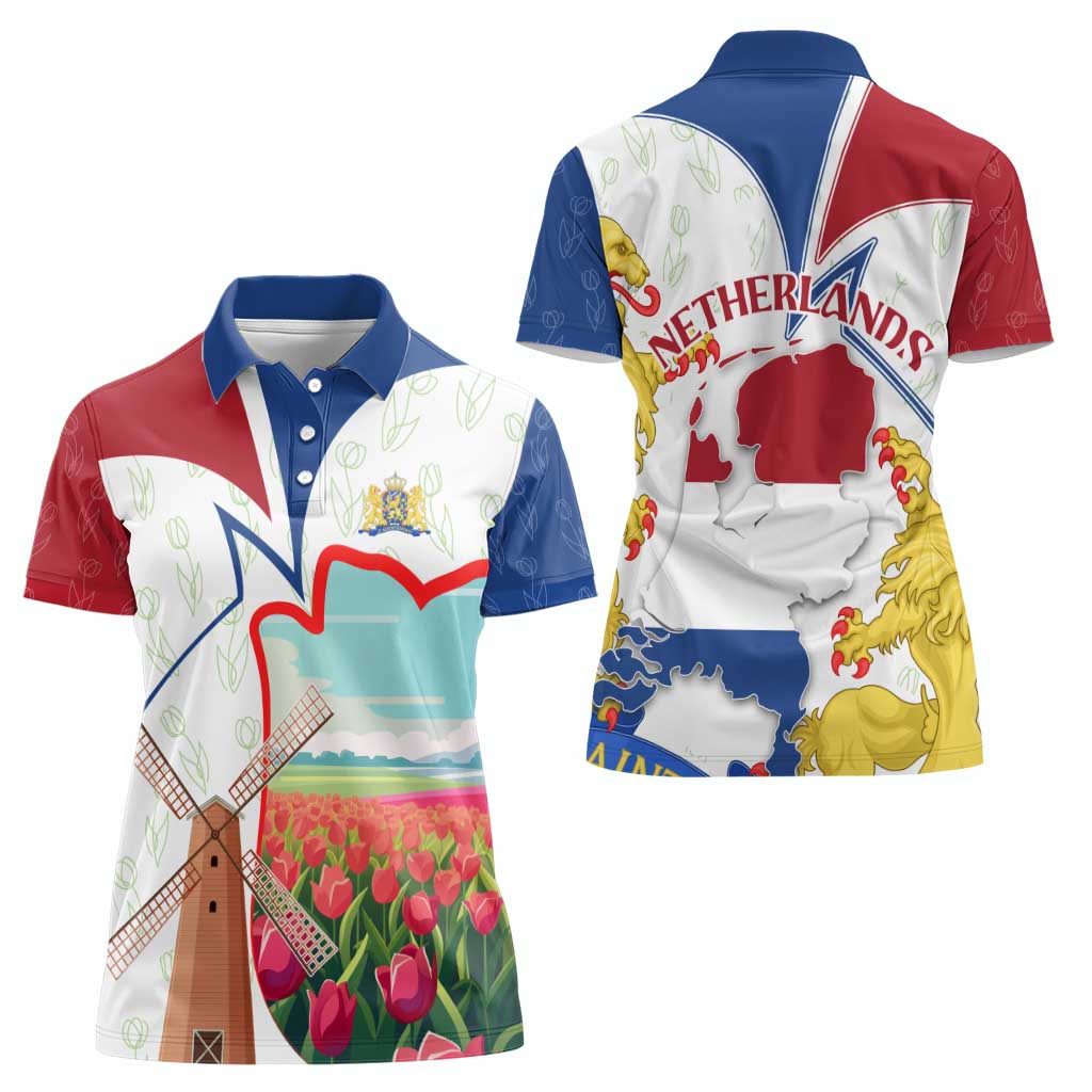 Netherlands Heritage Women Polo Shirt with Tulips Windmill and Coat of Arms