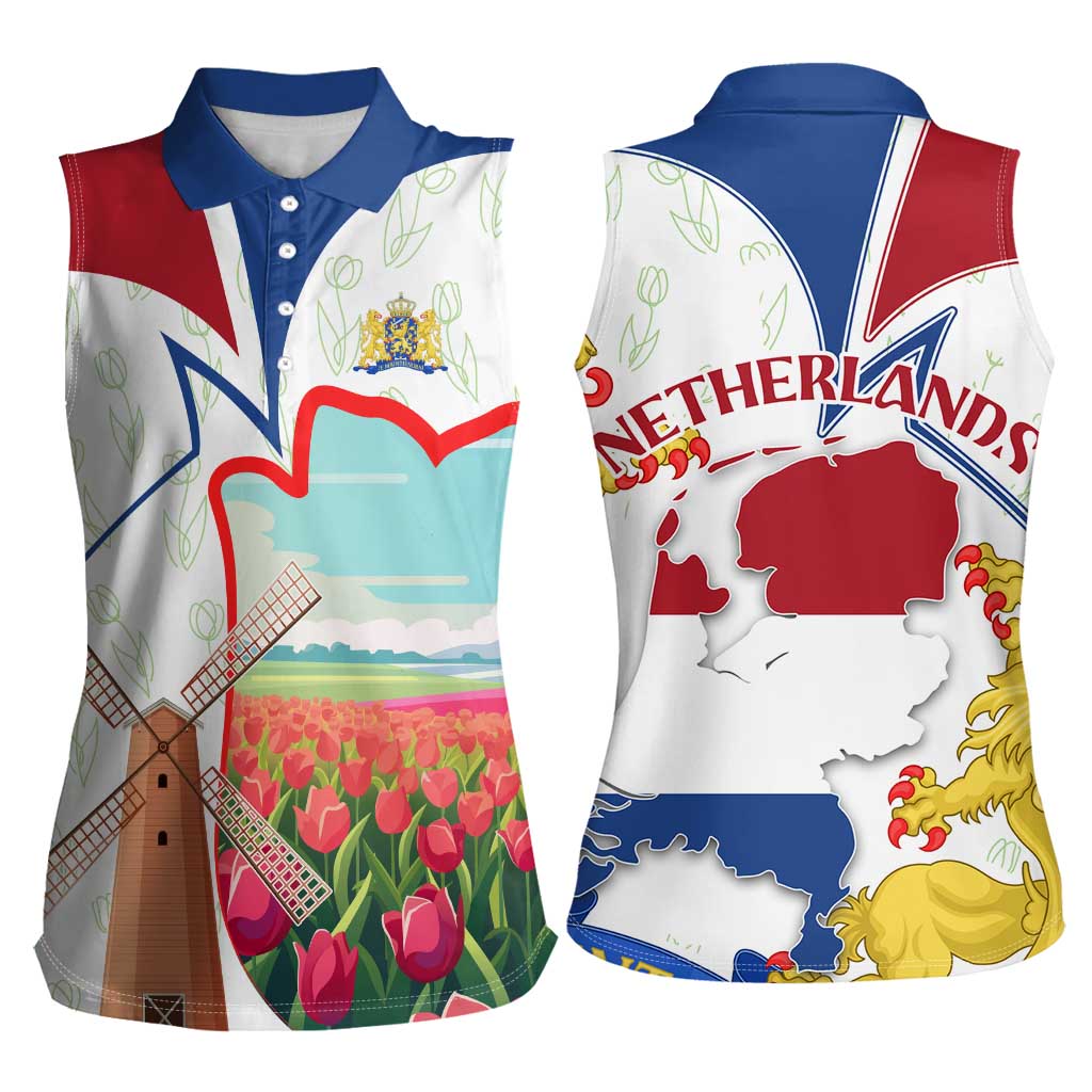 Netherlands Heritage Women Sleeveless Polo Shirt with Tulips Windmill and Coat of Arms