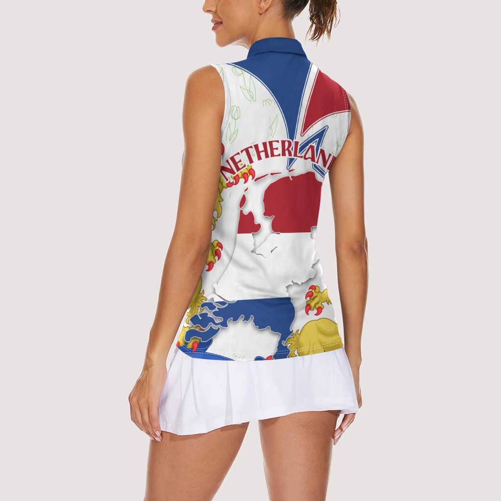 Netherlands Heritage Women Sleeveless Polo Shirt with Tulips Windmill and Coat of Arms
