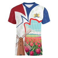 Netherlands Heritage Women V-Neck T-Shirt with Tulips Windmill and Coat of Arms