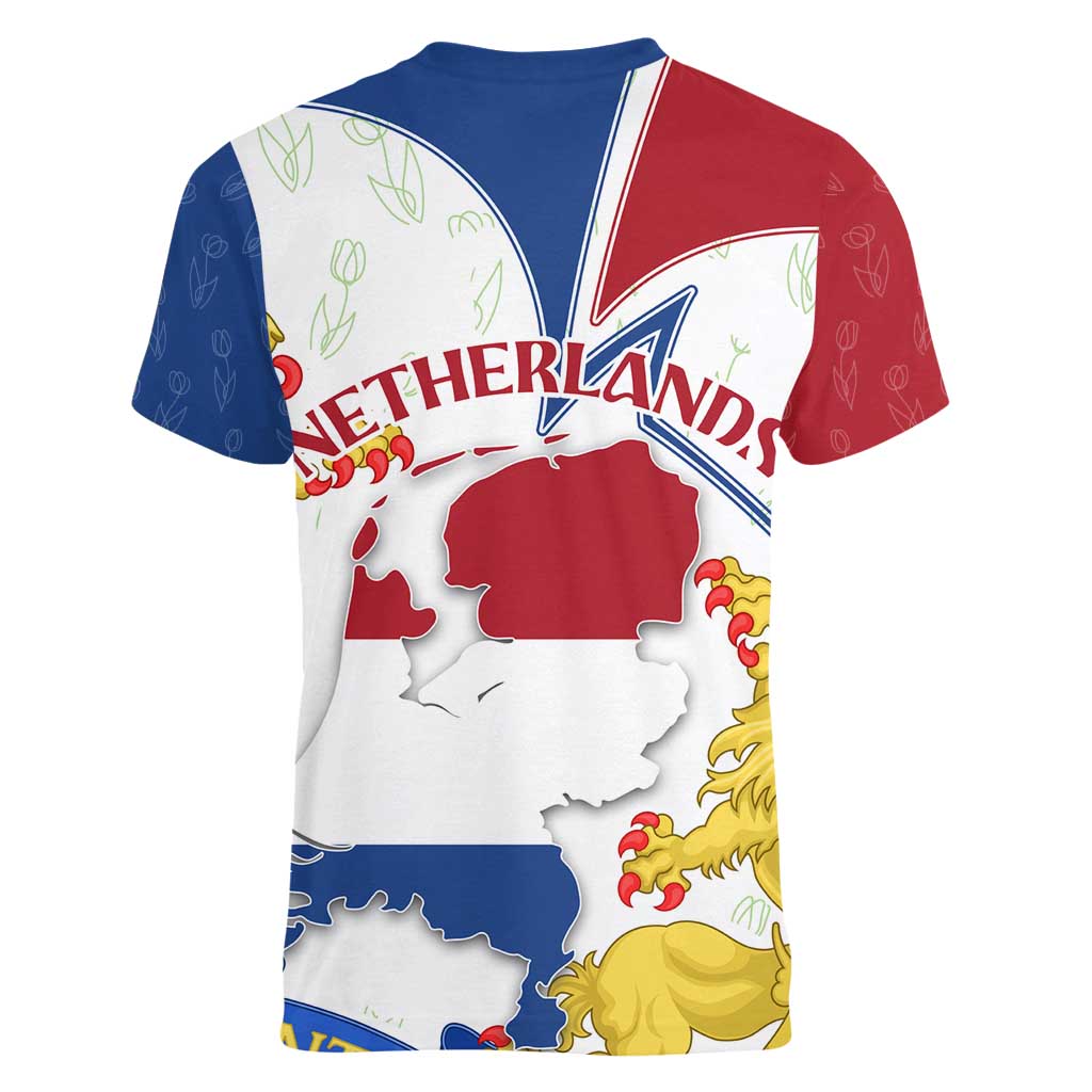Netherlands Heritage Women V-Neck T-Shirt with Tulips Windmill and Coat of Arms