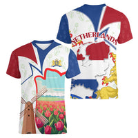 Netherlands Heritage Women V-Neck T-Shirt with Tulips Windmill and Coat of Arms