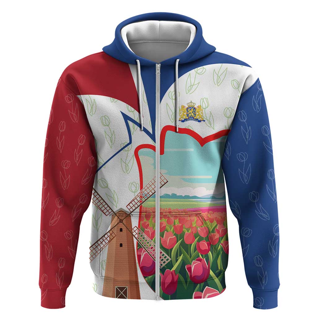 Netherlands Heritage Zip Hoodie with Tulips Windmill and Coat of Arms