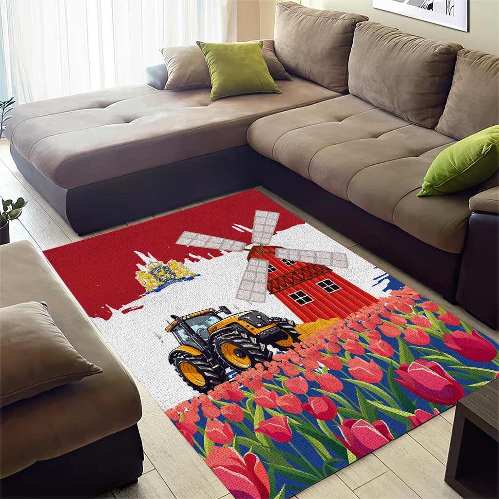 Netherlands Farm Landscape Area Rug with Tractor and Tulips