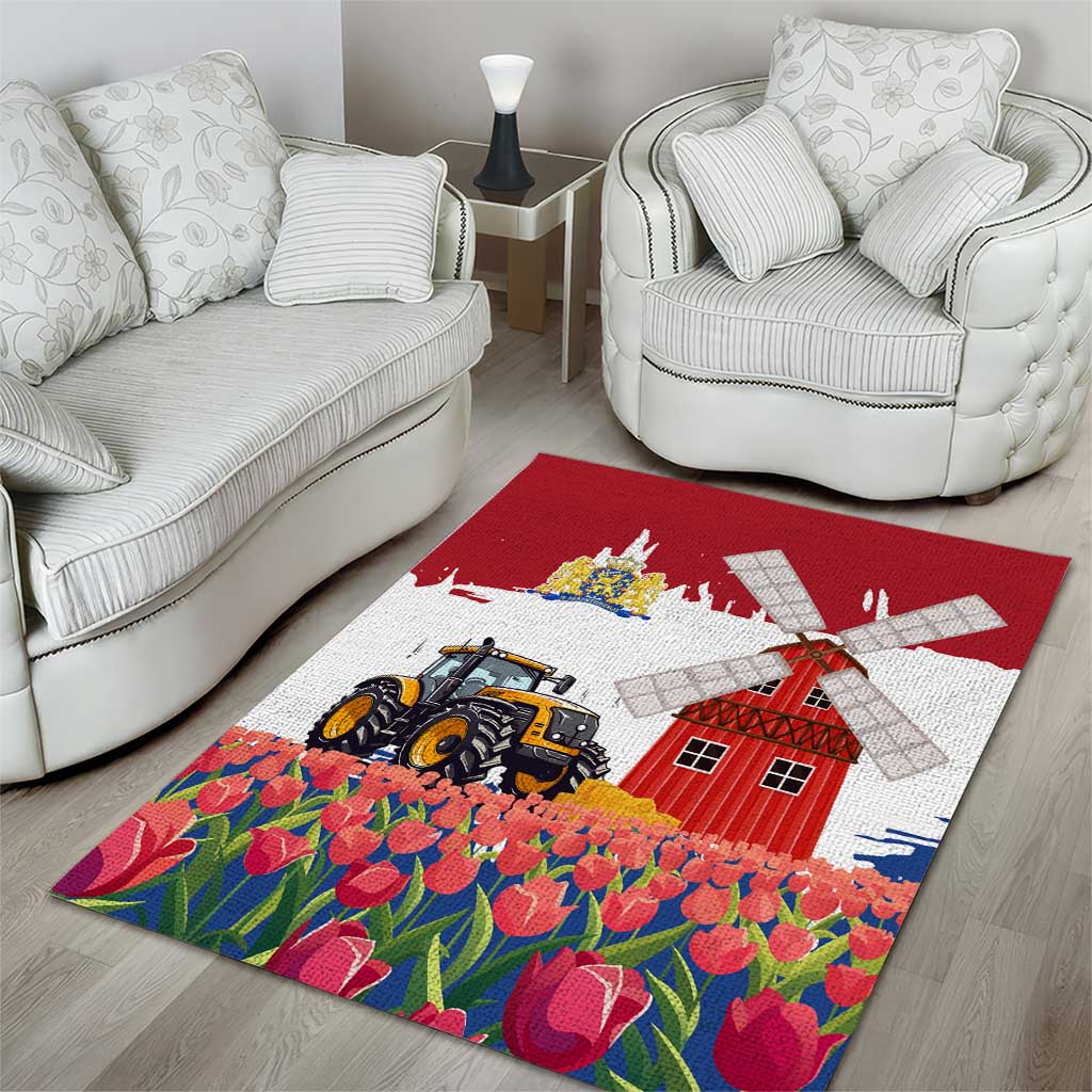 Netherlands Farm Landscape Area Rug with Tractor and Tulips