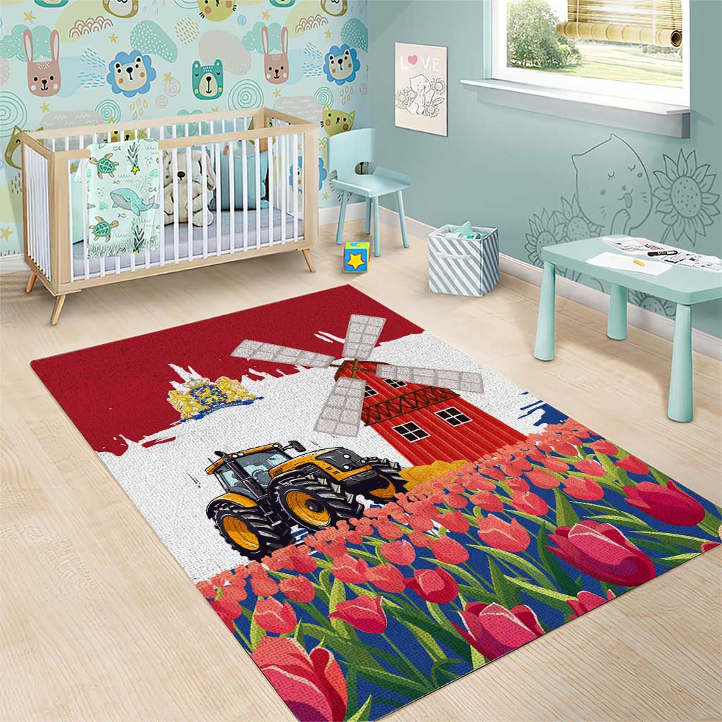 Netherlands Farm Landscape Area Rug with Tractor and Tulips