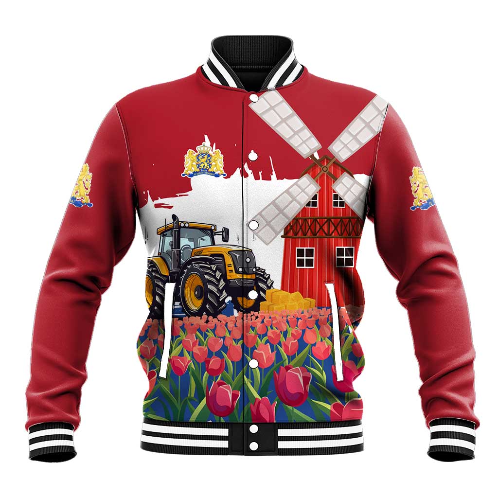 Netherlands Farm Landscape Baseball Jacket with Tractor and Tulips