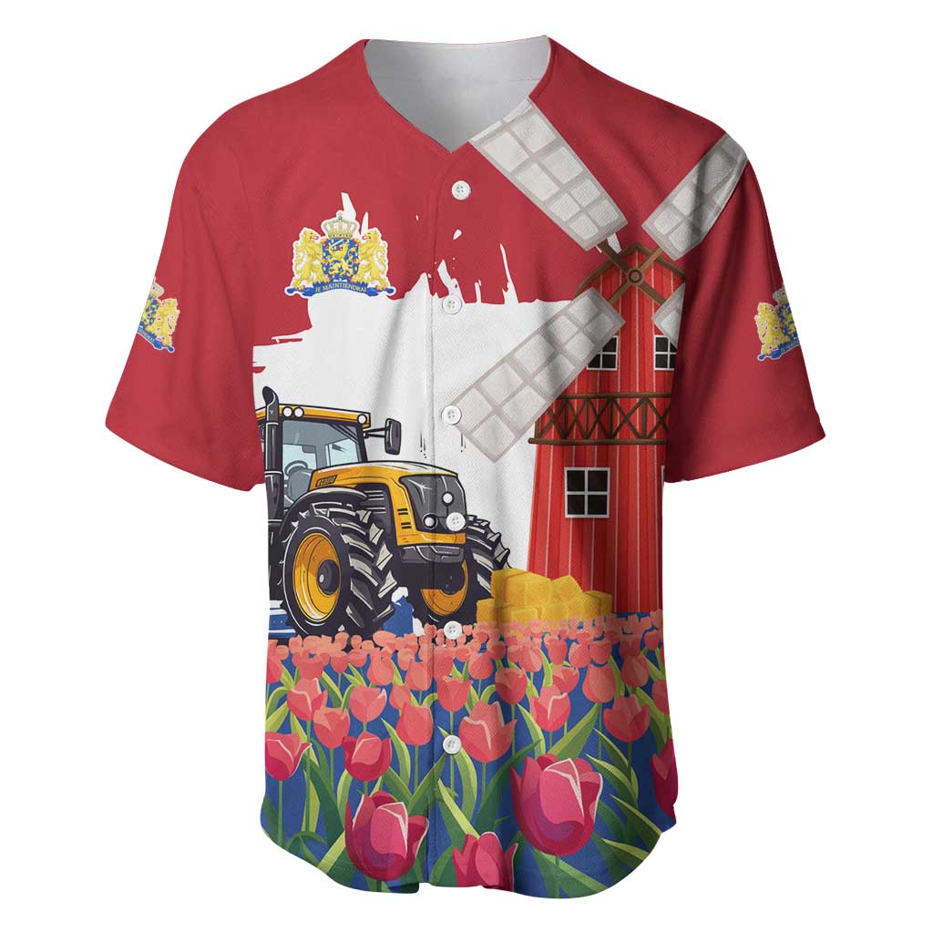 Netherlands Farm Landscape Baseball Jersey with Tractor and Tulips