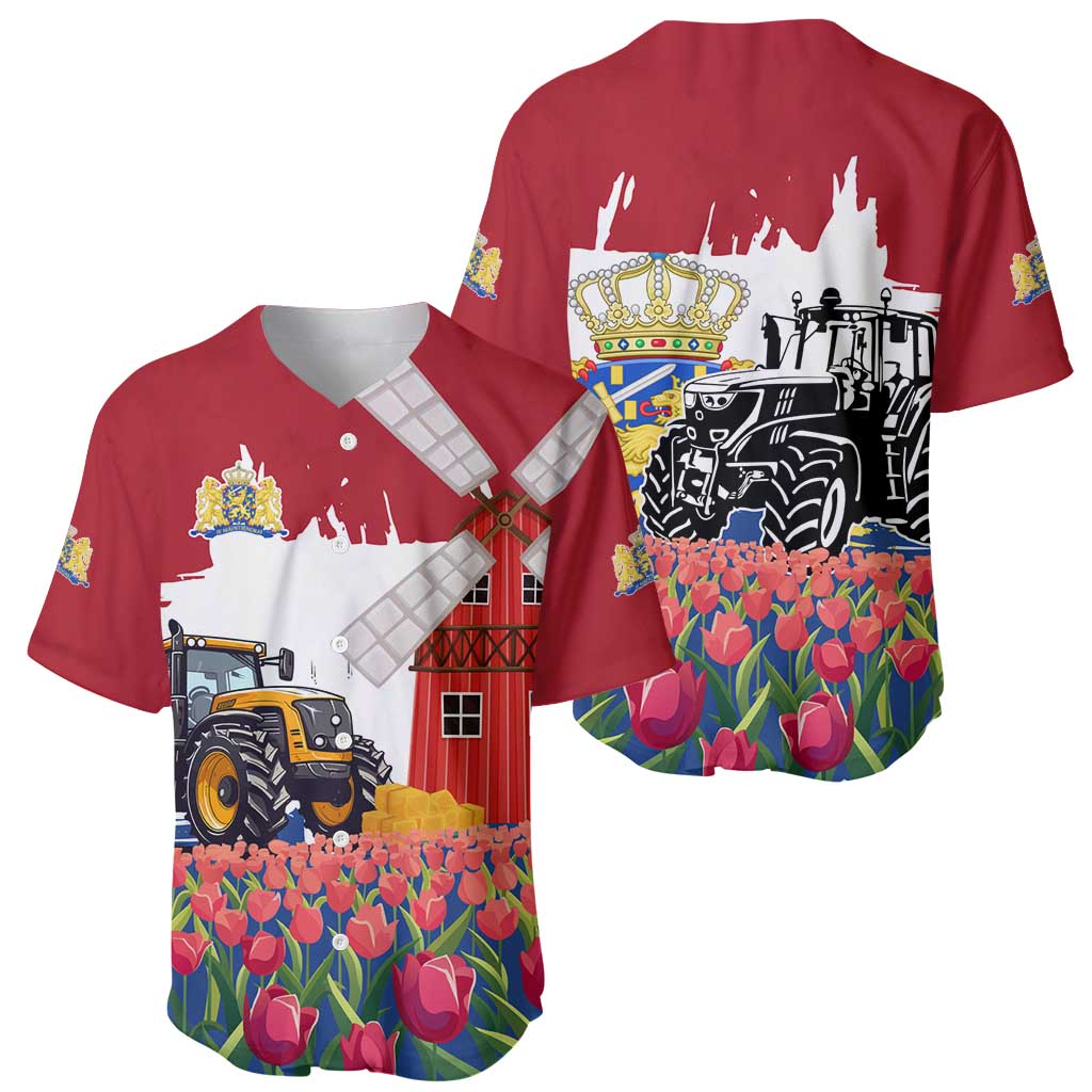 Netherlands Farm Landscape Baseball Jersey with Tractor and Tulips