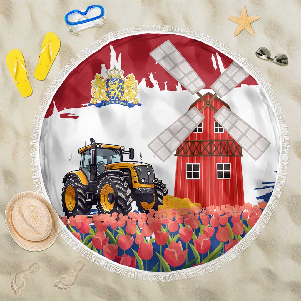 Netherlands Farm Landscape Beach Blanket with Tractor and Tulips