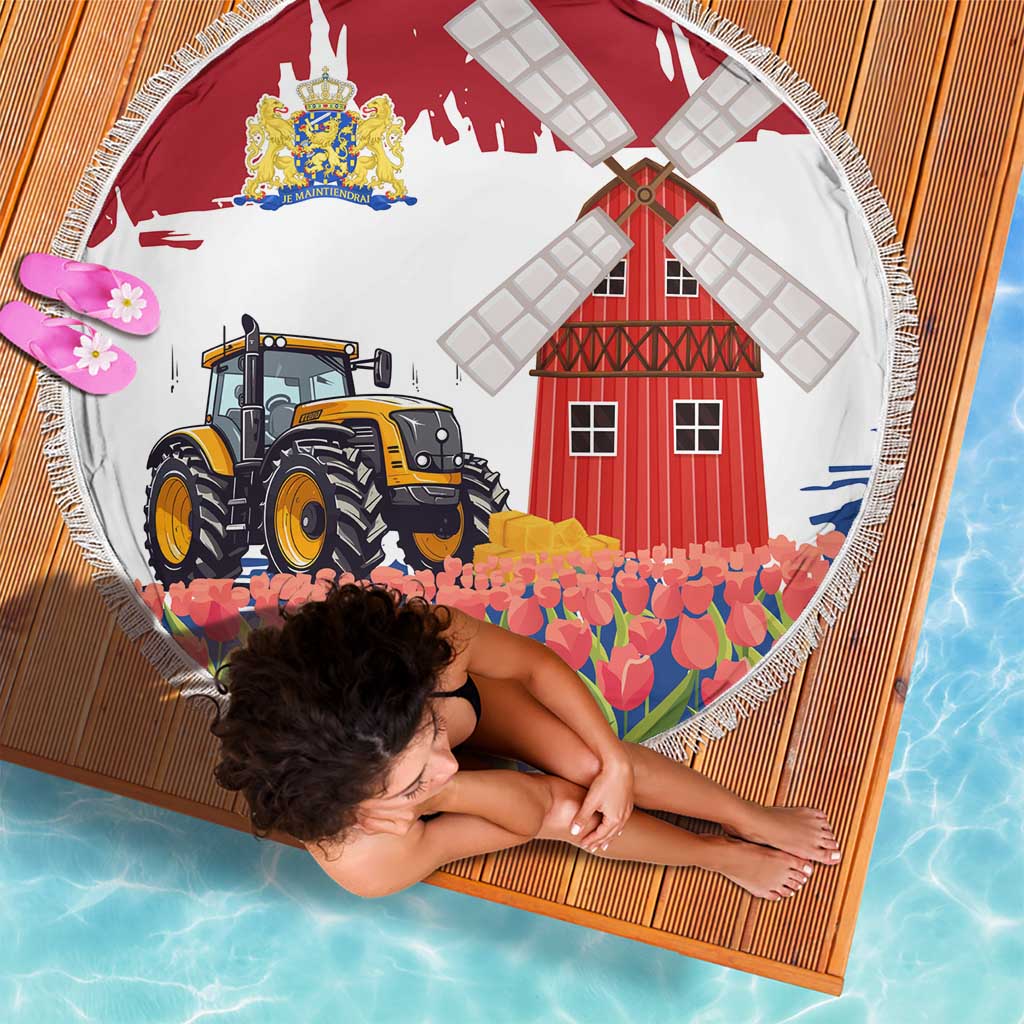 Netherlands Farm Landscape Beach Blanket with Tractor and Tulips