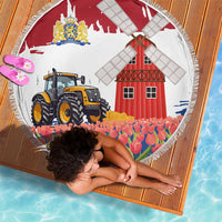 Netherlands Farm Landscape Beach Blanket with Tractor and Tulips