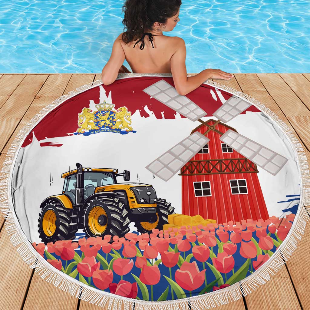 Netherlands Farm Landscape Beach Blanket with Tractor and Tulips