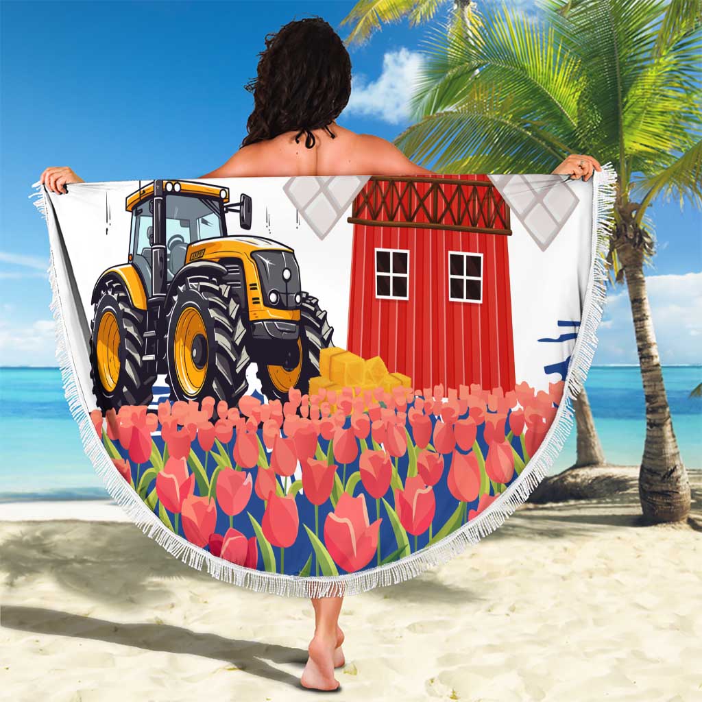 Netherlands Farm Landscape Beach Blanket with Tractor and Tulips