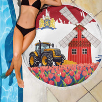 Netherlands Farm Landscape Beach Blanket with Tractor and Tulips