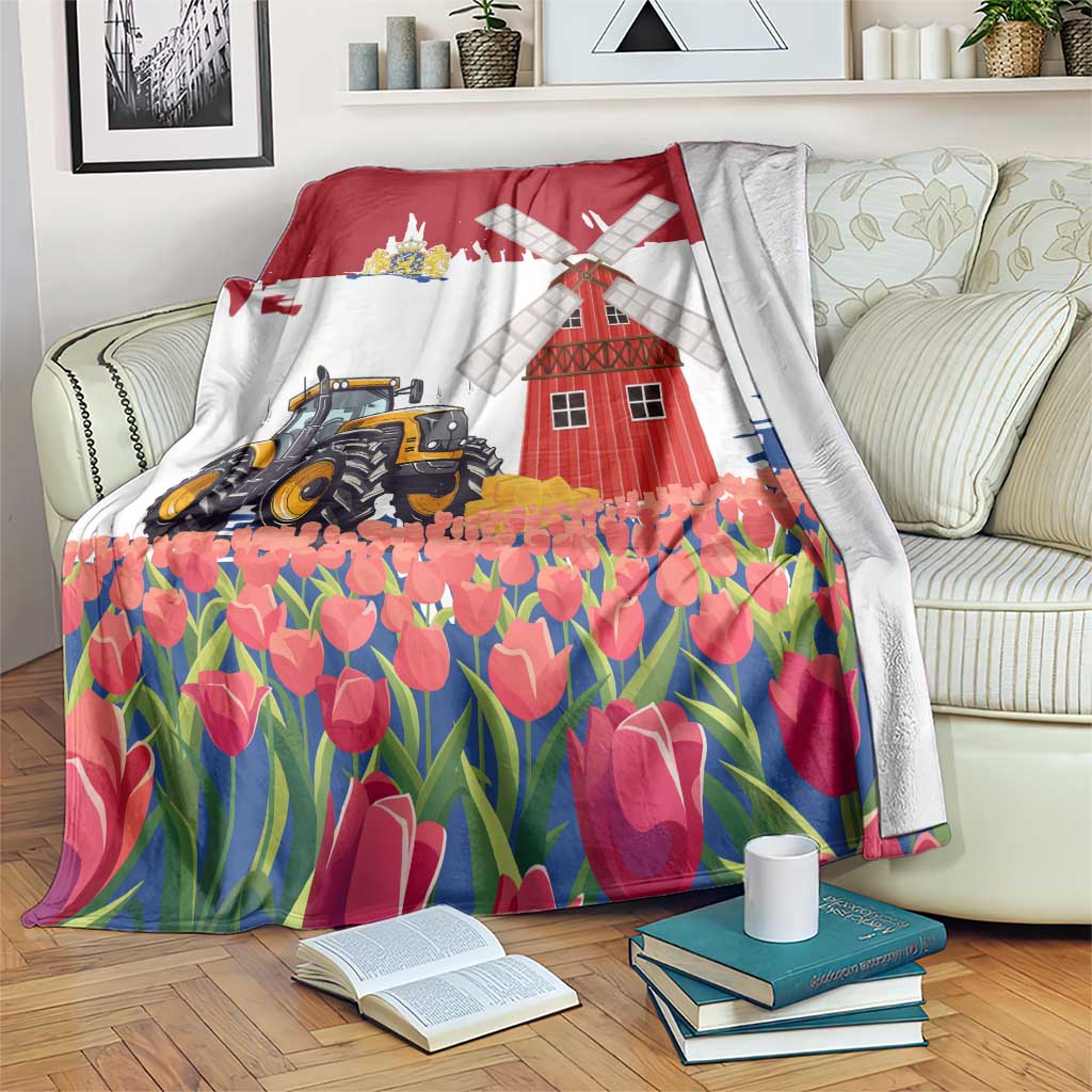 Netherlands Farm Landscape Blanket with Tractor and Tulips