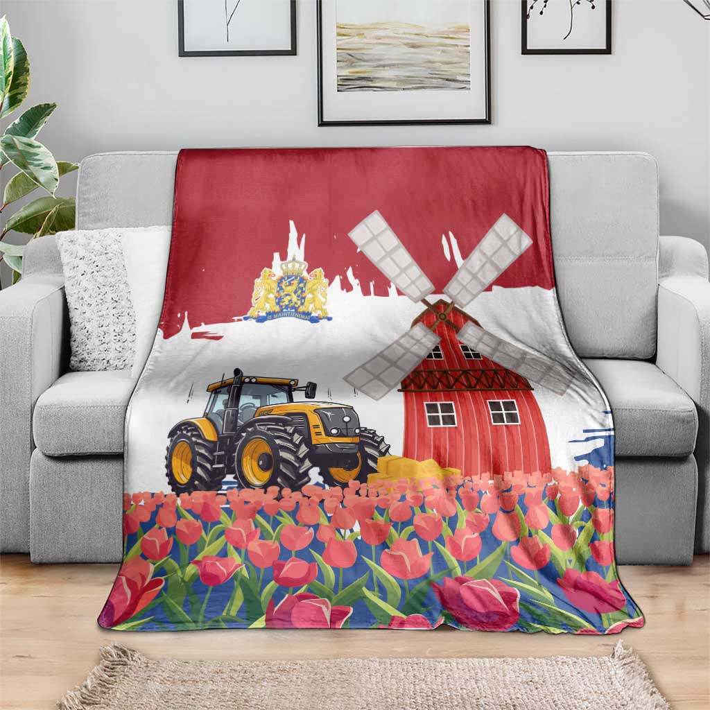 Netherlands Farm Landscape Blanket with Tractor and Tulips