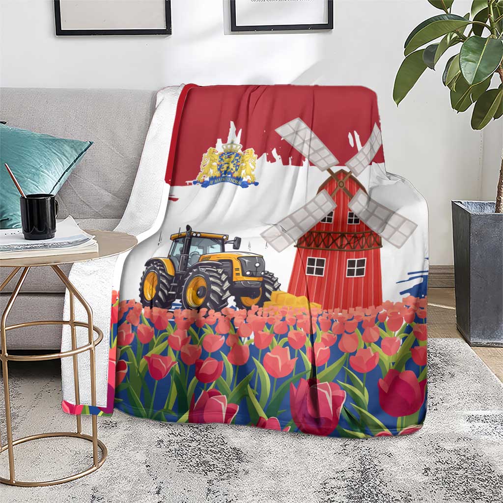 Netherlands Farm Landscape Blanket with Tractor and Tulips