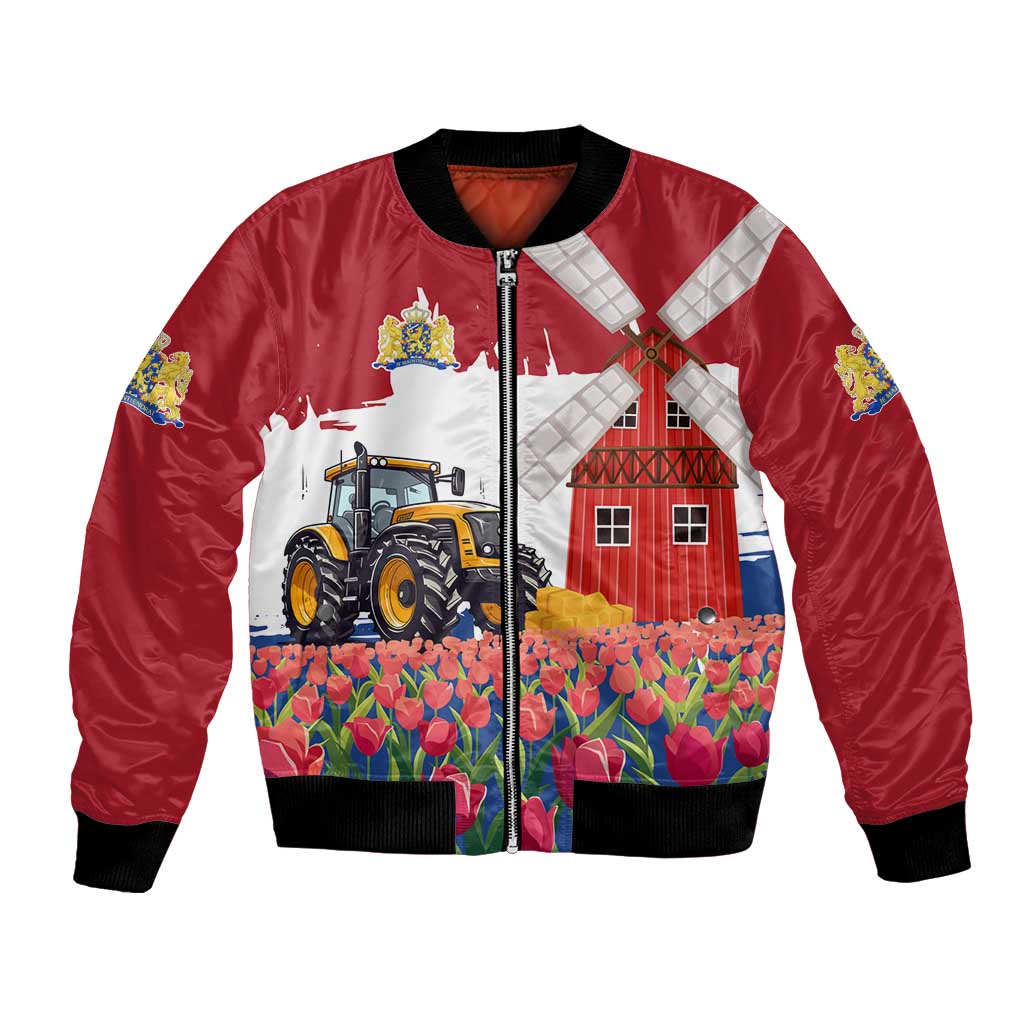 Netherlands Farm Landscape Bomber Jacket with Tractor and Tulips
