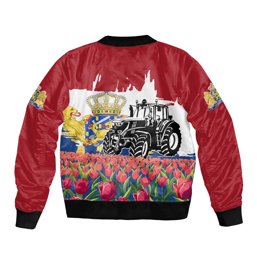 Netherlands Farm Landscape Bomber Jacket with Tractor and Tulips
