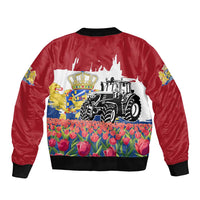 Netherlands Farm Landscape Bomber Jacket with Tractor and Tulips