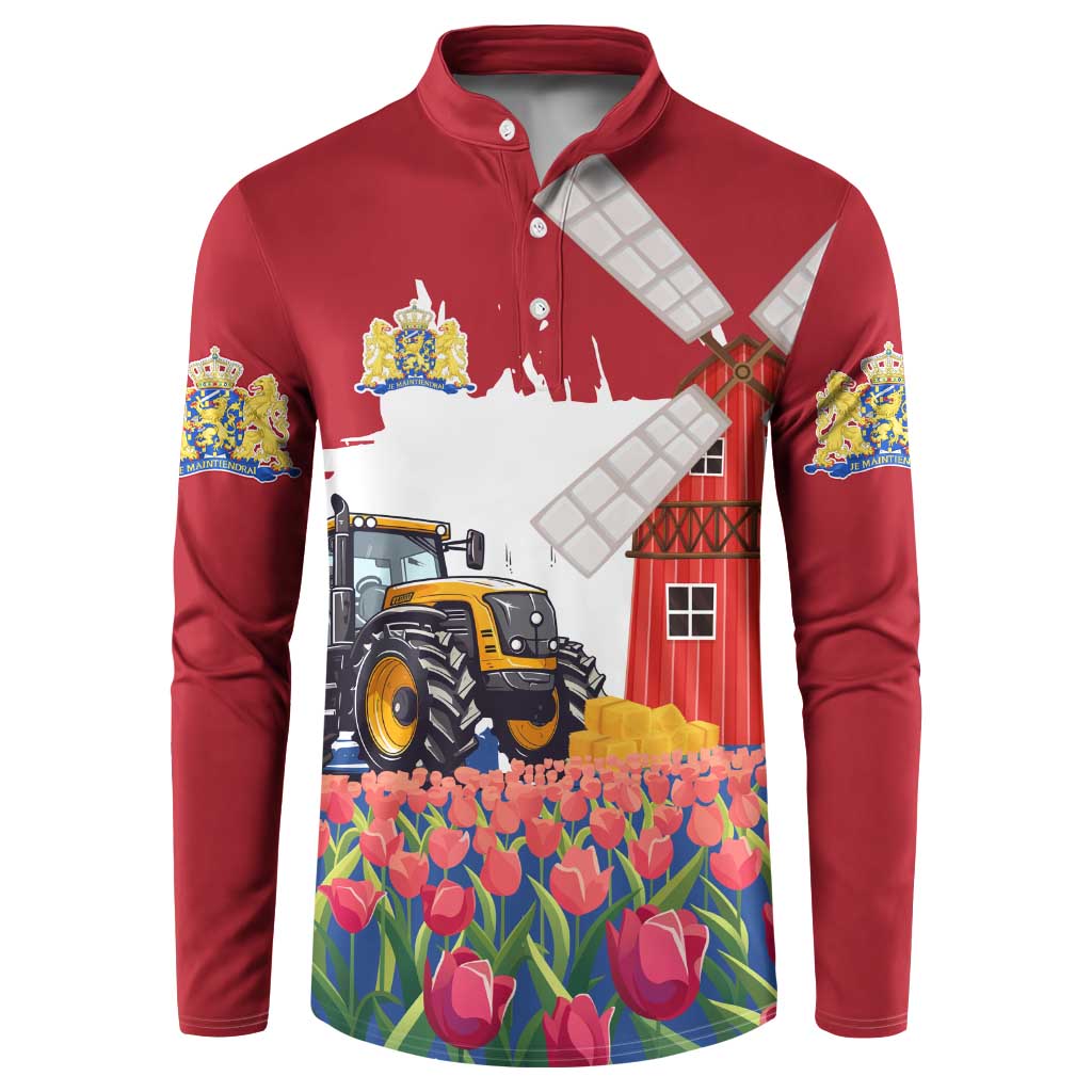Netherlands Farm Landscape Button Sweatshirt with Tractor and Tulips