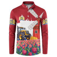 Netherlands Farm Landscape Button Sweatshirt with Tractor and Tulips