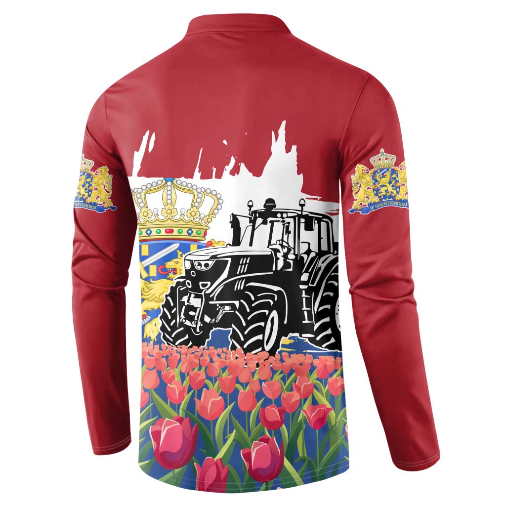 Netherlands Farm Landscape Button Sweatshirt with Tractor and Tulips
