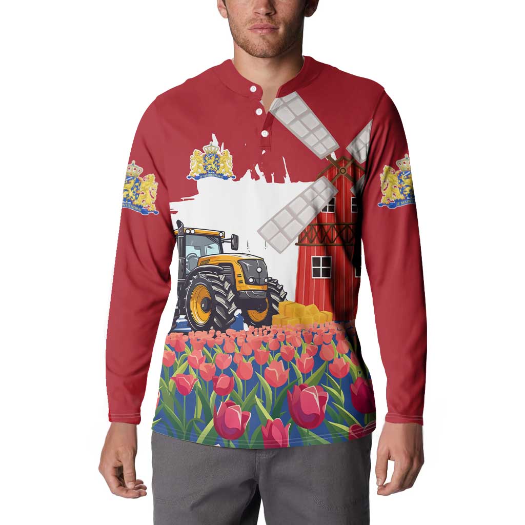 Netherlands Farm Landscape Button Sweatshirt with Tractor and Tulips