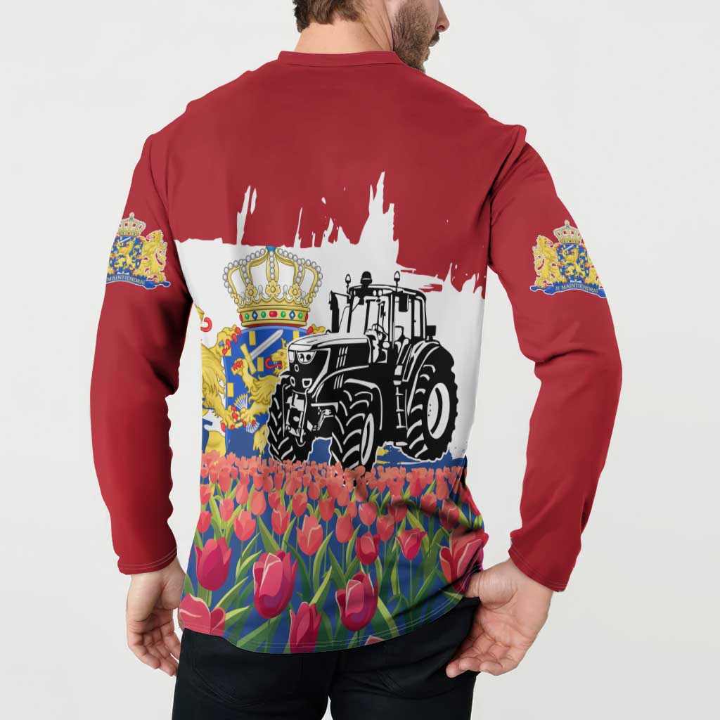 Netherlands Farm Landscape Button Sweatshirt with Tractor and Tulips