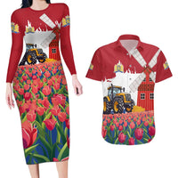 Netherlands Farm Landscape Couples Matching Long Sleeve Bodycon Dress and Hawaiian Shirt with Tractor and Tulips