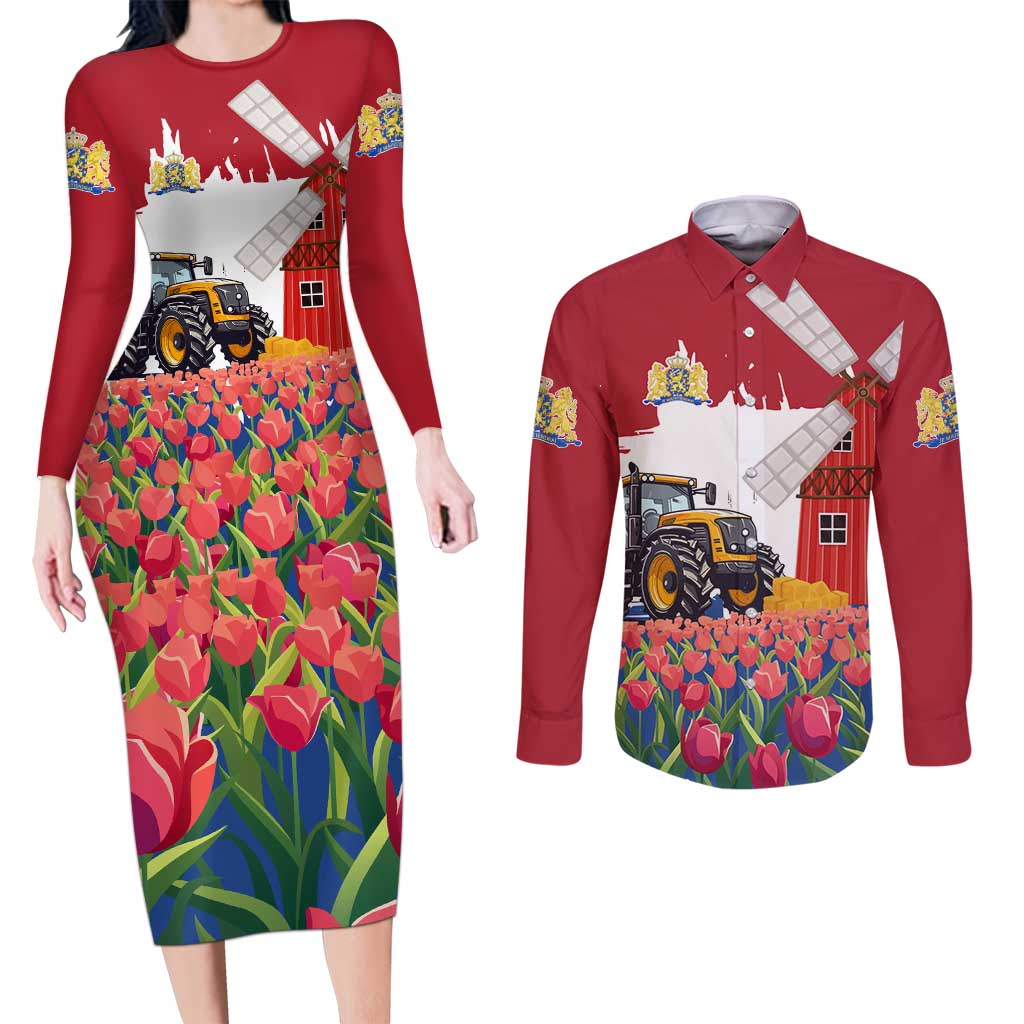 Netherlands Farm Landscape Couples Matching Long Sleeve Bodycon Dress and Long Sleeve Button Shirt with Tractor and Tulips