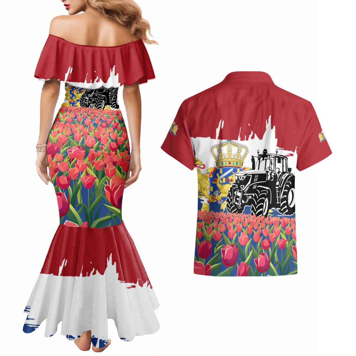 Netherlands Farm Landscape Couples Matching Mermaid Dress and Hawaiian Shirt with Tractor and Tulips