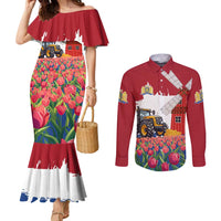 Netherlands Farm Landscape Couples Matching Mermaid Dress and Long Sleeve Button Shirt with Tractor and Tulips