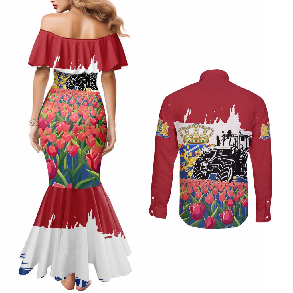 Netherlands Farm Landscape Couples Matching Mermaid Dress and Long Sleeve Button Shirt with Tractor and Tulips