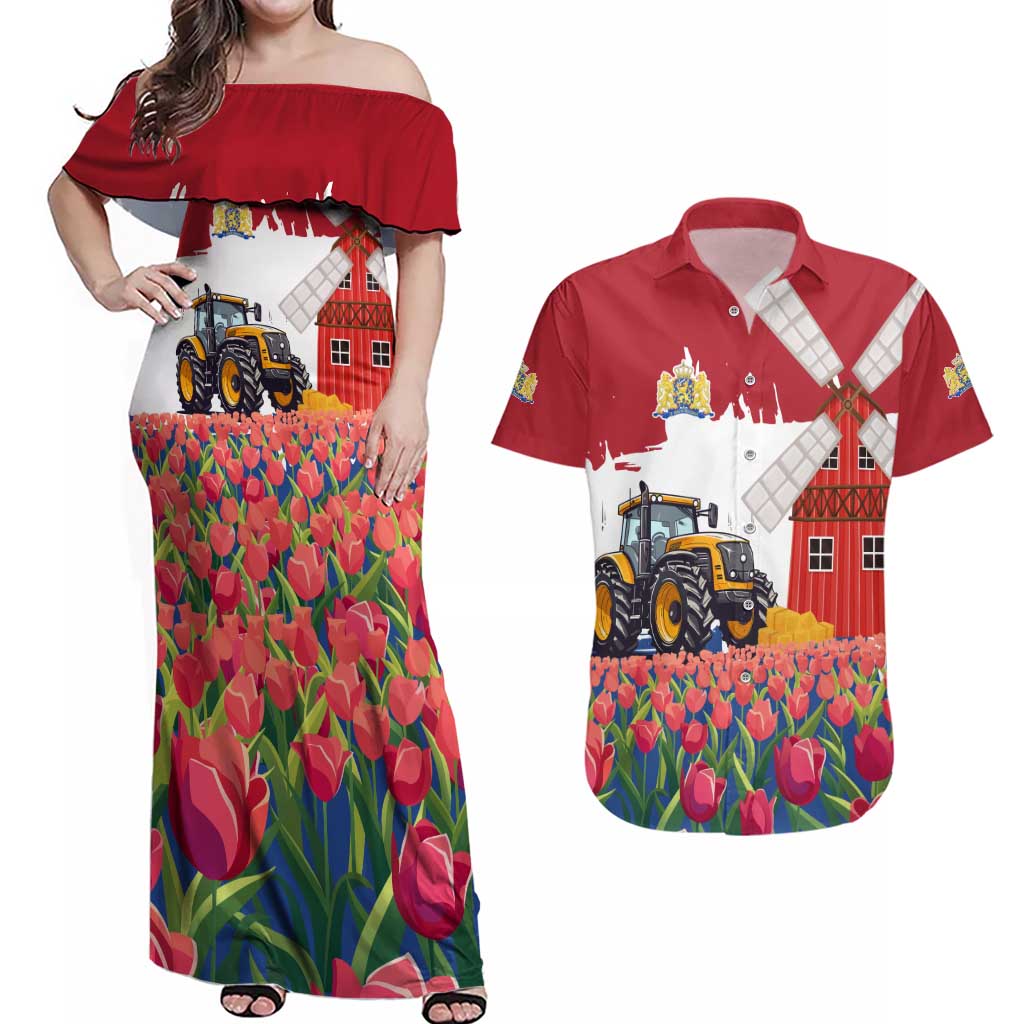 Netherlands Farm Landscape Couples Matching Off Shoulder Maxi Dress and Hawaiian Shirt with Tractor and Tulips