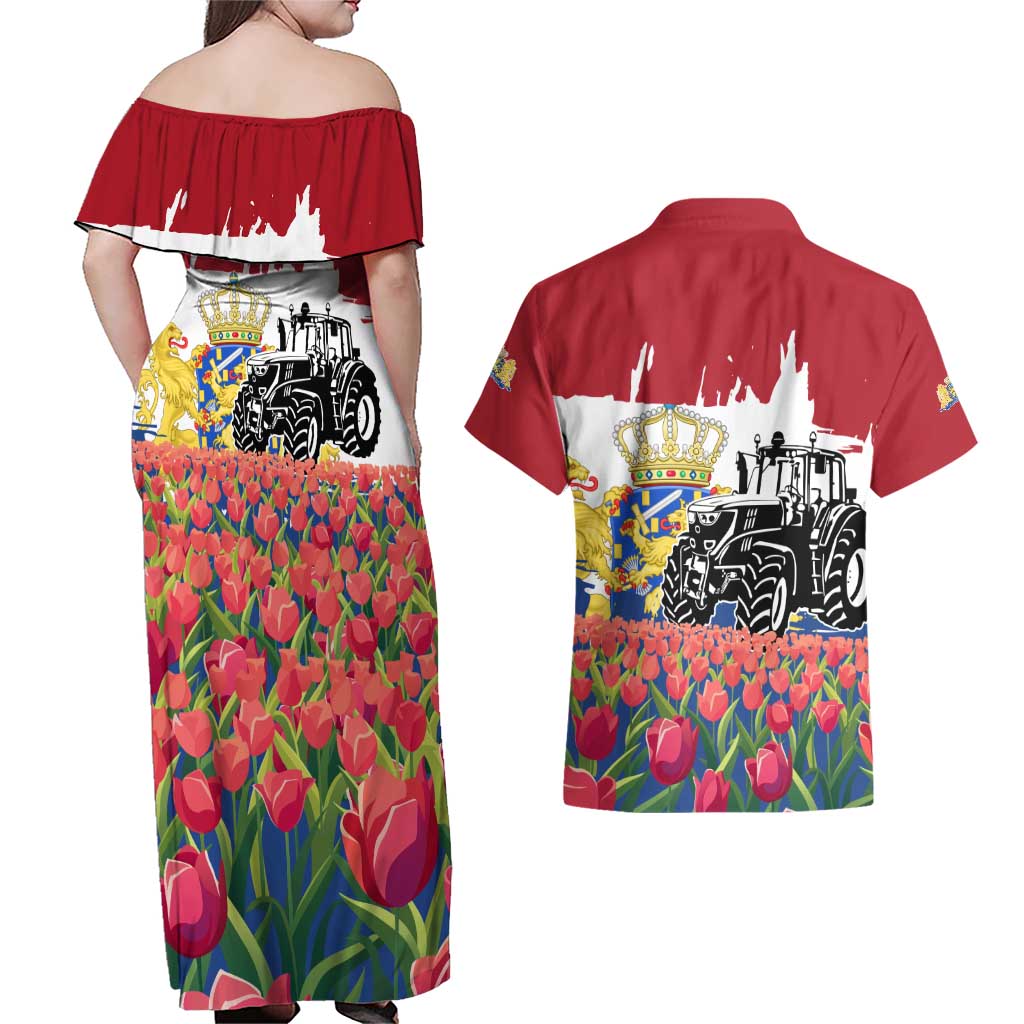 Netherlands Farm Landscape Couples Matching Off Shoulder Maxi Dress and Hawaiian Shirt with Tractor and Tulips
