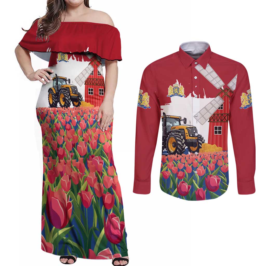 Netherlands Farm Landscape Couples Matching Off Shoulder Maxi Dress and Long Sleeve Button Shirt with Tractor and Tulips