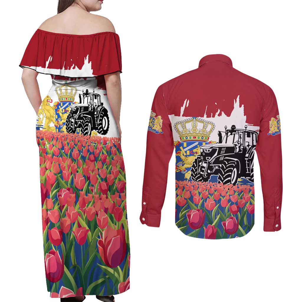 Netherlands Farm Landscape Couples Matching Off Shoulder Maxi Dress and Long Sleeve Button Shirt with Tractor and Tulips