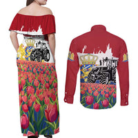 Netherlands Farm Landscape Couples Matching Off Shoulder Maxi Dress and Long Sleeve Button Shirt with Tractor and Tulips