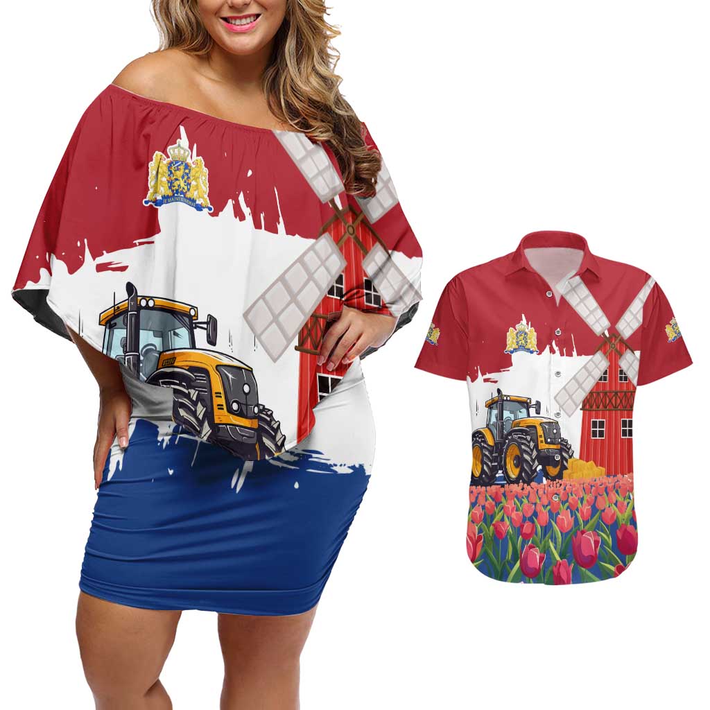 Netherlands Farm Landscape Couples Matching Off Shoulder Short Dress and Hawaiian Shirt with Tractor and Tulips