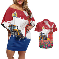 Netherlands Farm Landscape Couples Matching Off Shoulder Short Dress and Hawaiian Shirt with Tractor and Tulips