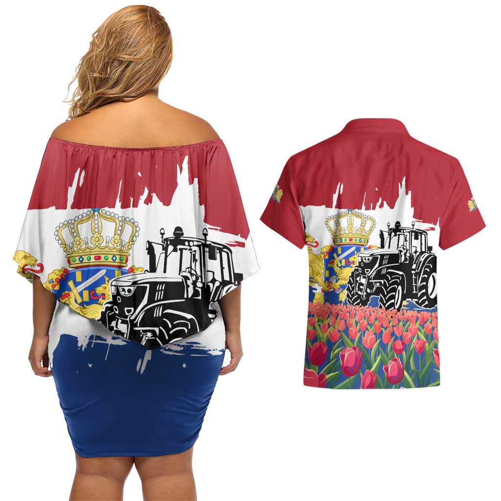 Netherlands Farm Landscape Couples Matching Off Shoulder Short Dress and Hawaiian Shirt with Tractor and Tulips