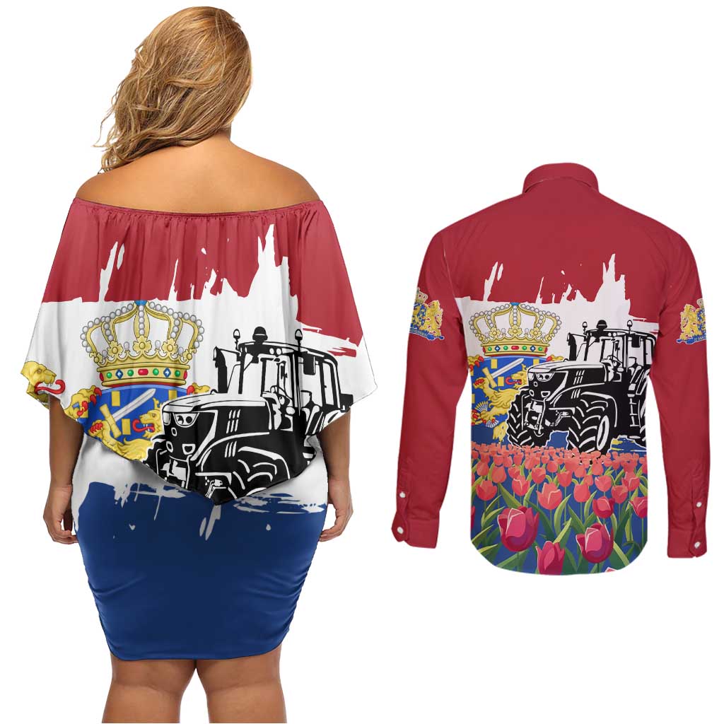 Netherlands Farm Landscape Couples Matching Off Shoulder Short Dress and Long Sleeve Button Shirt with Tractor and Tulips