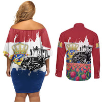 Netherlands Farm Landscape Couples Matching Off Shoulder Short Dress and Long Sleeve Button Shirt with Tractor and Tulips