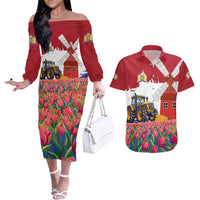 Netherlands Farm Landscape Couples Matching Off The Shoulder Long Sleeve Dress and Hawaiian Shirt with Tractor and Tulips