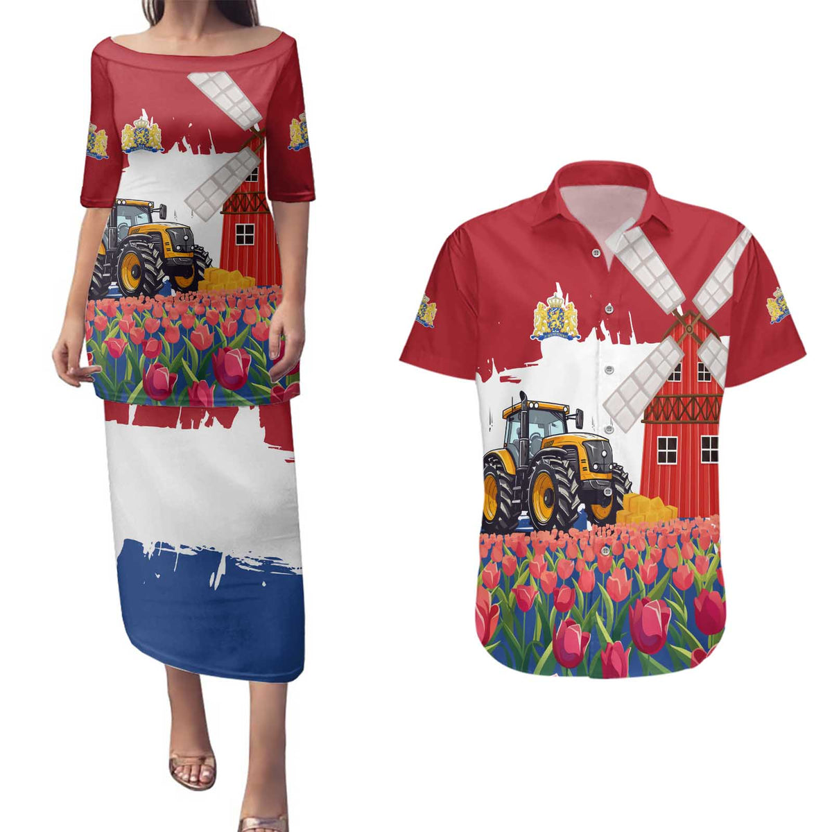 Netherlands Farm Landscape Couples Matching Puletasi and Hawaiian Shirt with Tractor and Tulips