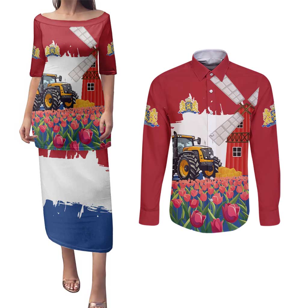 Netherlands Farm Landscape Couples Matching Puletasi and Long Sleeve Button Shirt with Tractor and Tulips