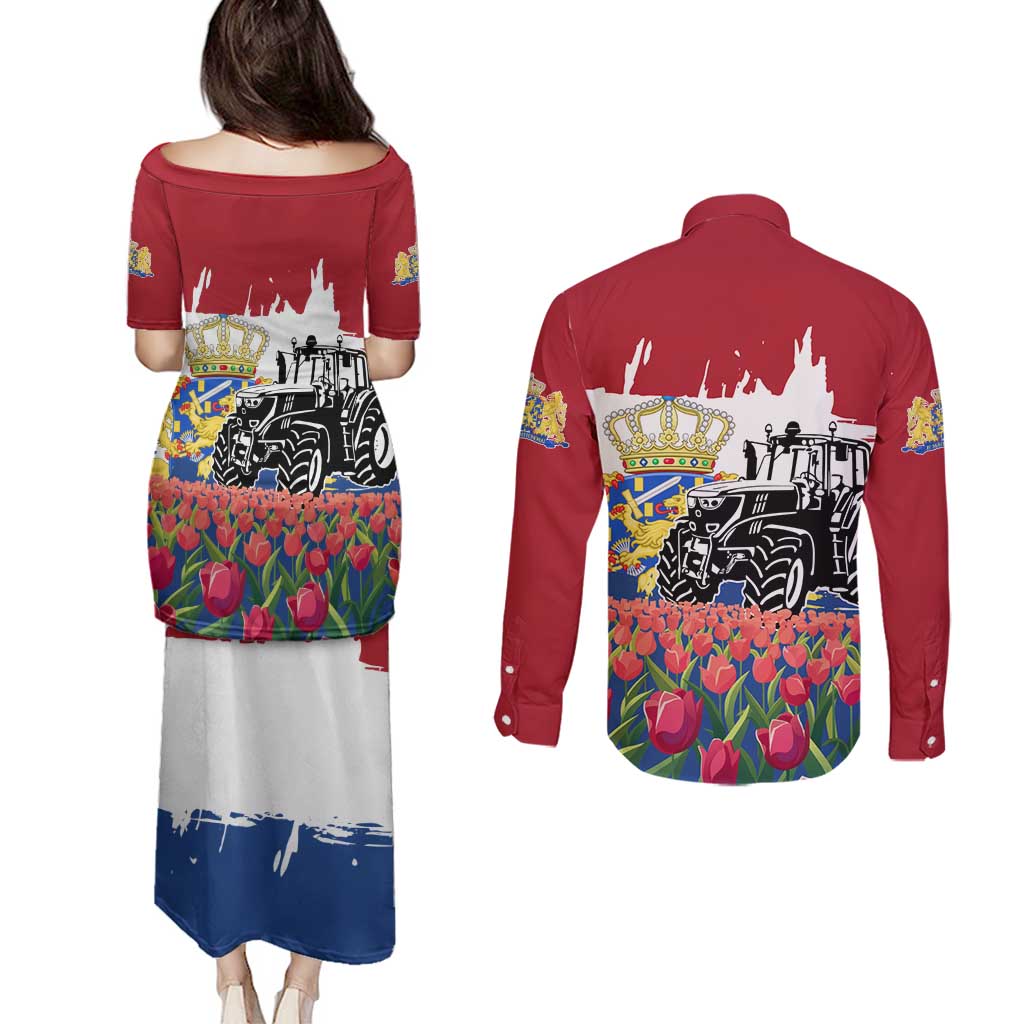 Netherlands Farm Landscape Couples Matching Puletasi and Long Sleeve Button Shirt with Tractor and Tulips